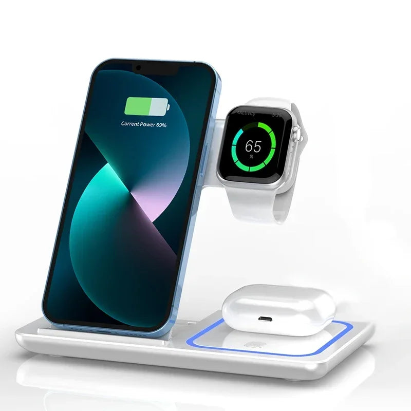 Support de téléphone pliable avec chargeur sans fil 3 en 1, lumière LED, pour iPhone 16 15 14 13 12 Apple Watch10-2, Station de charge rapide pour AirPods