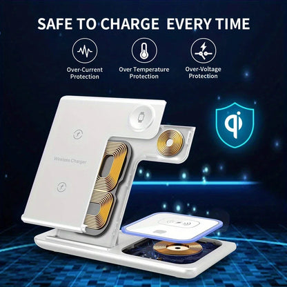 Support de téléphone pliable avec chargeur sans fil 3 en 1, lumière LED, pour iPhone 16 15 14 13 12 Apple Watch10-2, Station de charge rapide pour AirPods
