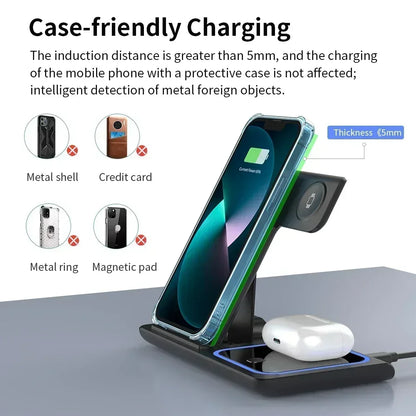 Support de téléphone pliable avec chargeur sans fil 3 en 1, lumière LED, pour iPhone 16 15 14 13 12 Apple Watch10-2, Station de charge rapide pour AirPods