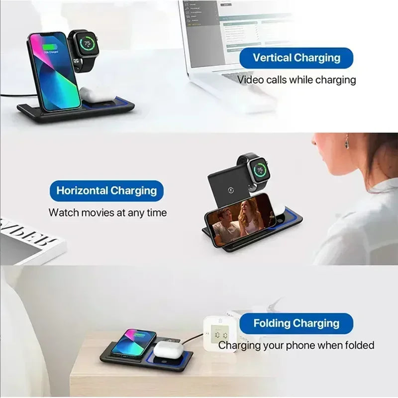Support de téléphone pliable avec chargeur sans fil 3 en 1, lumière LED, pour iPhone 16 15 14 13 12 Apple Watch10-2, Station de charge rapide pour AirPods
