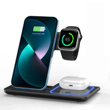 Support de téléphone pliable avec chargeur sans fil 3 en 1, lumière LED, pour iPhone 16 15 14 13 12 Apple Watch10-2, Station de charge rapide pour AirPods