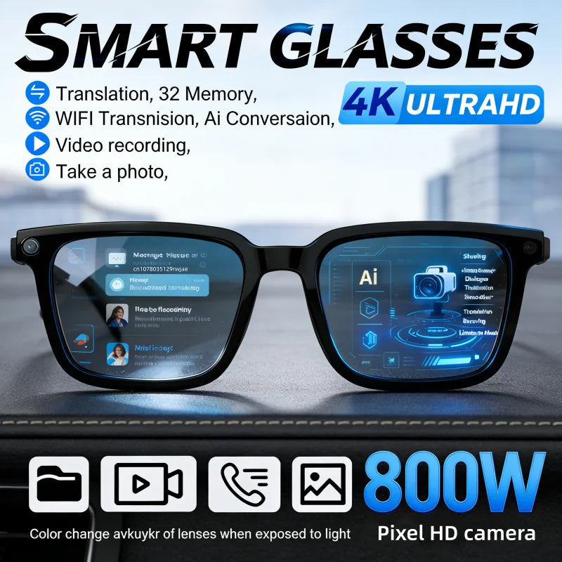Nouvelles Lunettes Intelligentes IA 2026 : Traduction IA, Caméra HD 8MP, Prise de vue 4K, Appel Bluetooth, Enregistrement, Musique, Lunettes de Soleil Intelligentes