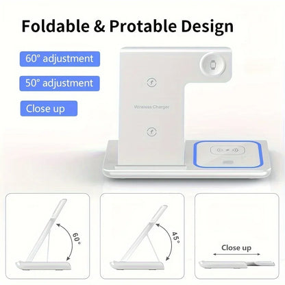 Support de téléphone pliable avec chargeur sans fil 3 en 1, lumière LED, pour iPhone 16 15 14 13 12 Apple Watch10-2, Station de charge rapide pour AirPods