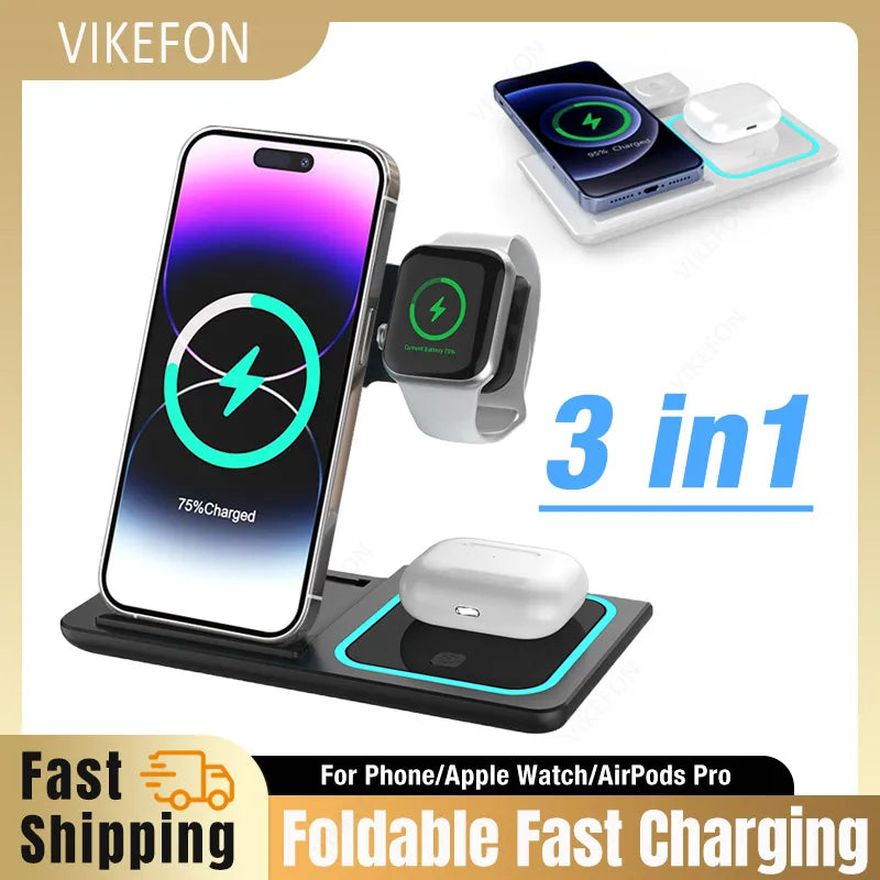 Support de téléphone pliable avec chargeur sans fil 3 en 1, lumière LED, pour iPhone 16 15 14 13 12 Apple Watch10-2, Station de charge rapide pour AirPods